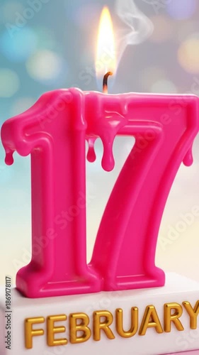lit pink candle in shape of 17 february date