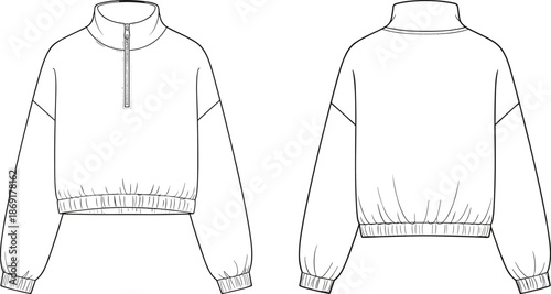 Cropped pullover sweatshirt technical sketch, half zip front, balloon sleeve, CAD drawing, flat vector illustration, fashion design, garment construction