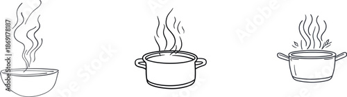 Simple modern illustration of a steaming cooking pot created in continuous one-line art style, conveying the essence of cooking