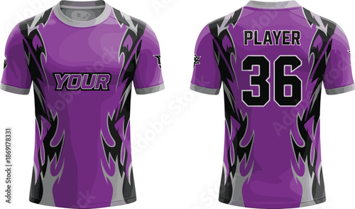 Custom sports jersey vector, front and back view, flame graphic design, bold number, team uniform, apparel template, CAD illustration