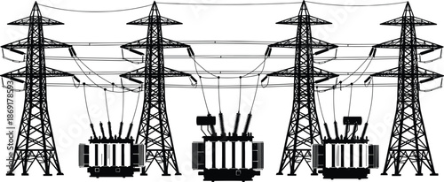 High voltage power transmission system vector illustration, electric pylons, transformers and overhead lines, industrial energy infrastructure, utility grid silhouette design
