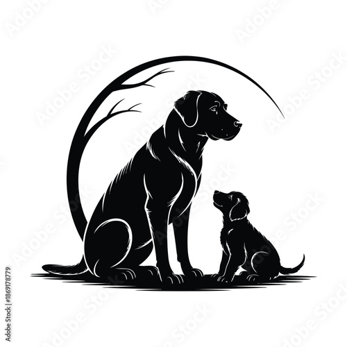 Striking Black Silhouette Illustration Vector of a Labrador Dog and Puppy A Heartwarming Vector Image of Canine Companionship and Loyalty