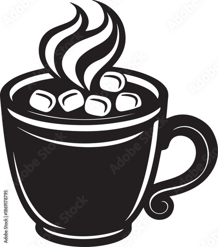 Print Steaming hot chocolate mug with marshmallows black and white illustration