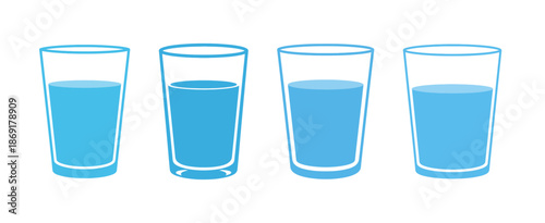 Four glasses of clear water, representing hydration and refreshment, presented in a clean, minimalist illustration