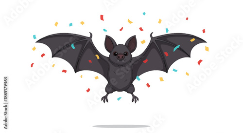 Cute Bat with Confetti Flying on White Background.