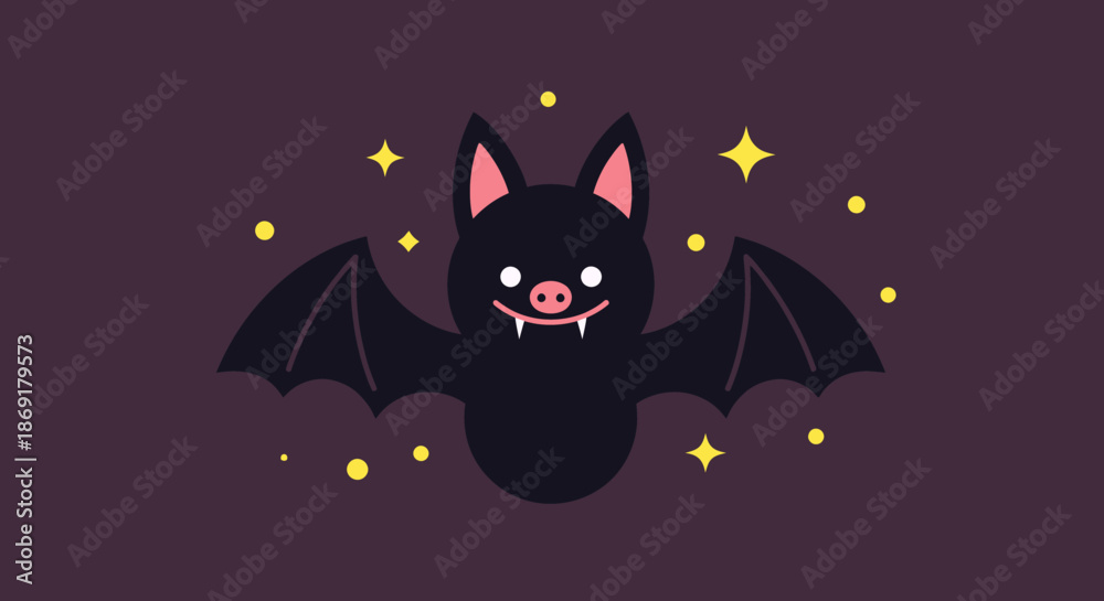 Fototapeta premium Cute Cartoon Bat with Sparkling Stars on Dark Background.