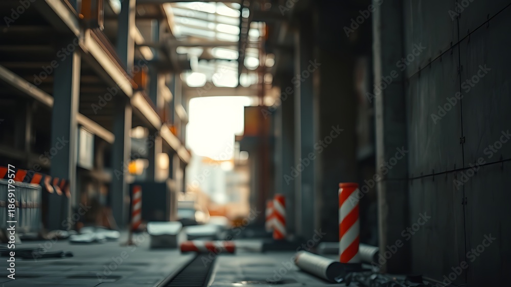 Obraz premium Construction site with abstract industrial elements, metal and concrete textures, and dramatic side lighting.