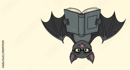 Cute cartoon bat with glasses reading a book.