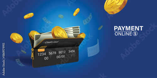 digital wallet application on mobile.Mobile design concept is an online wallet with coins, banknotes and credit cards inside all on blue background.Online digital wallet via smartphone application.