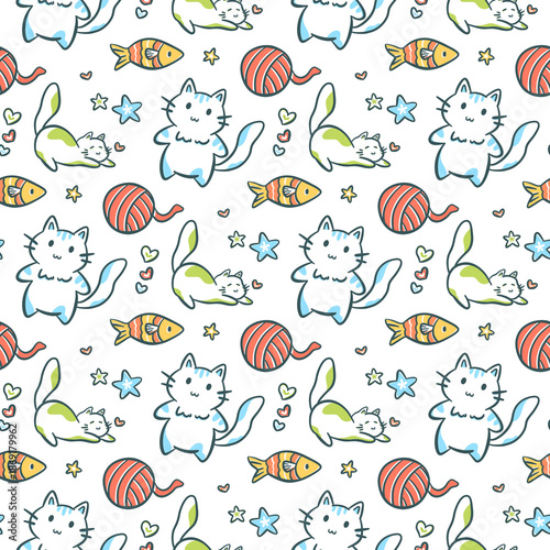Cute Hand Drawn Cat Seamless Pattern with Fish, Yarn, Star, and Heart Doodle