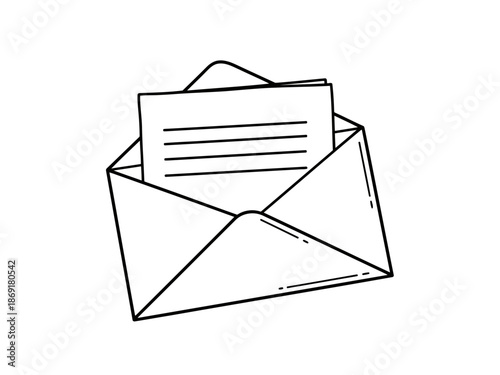 A black line drawing of an open envelope with a letter sticking out