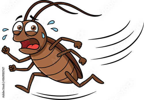 Funny scared cockroach cartoon character running fast, expressive insect mascot vector illustration for humor, pest control, fear, and comic concepts