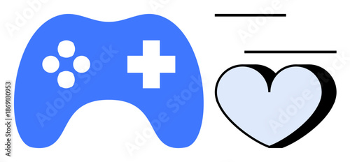 Video gaming, love for games, user experience, technology, hobbies, connectivity. Blue game controller with a heart and lines. Video gaming and love for games concept