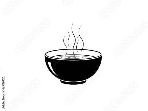 A black and white illustration of a steaming bowl of soup on a table