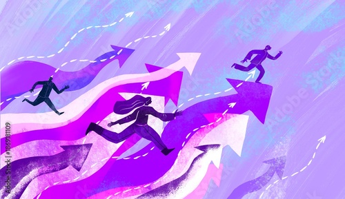Dynamic arrows carry people at varying heights and levels