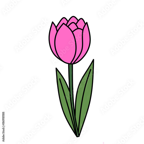 Minimal pink tulip flower icon with green stem and leaves. Flat vector illustration isolated on black background, suitable for UI, app, web, spring, floral, and decorative design use.