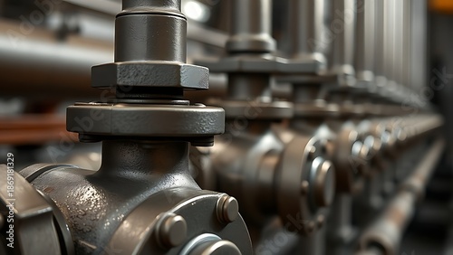 Metal nodules on industrial pipe valves reflecting light, metallic texture detail.