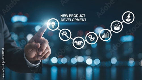 New product development and project roadmap concept. Business professional touching digital virtual screen with new product development roadmap icons, ideation, development and launching process.