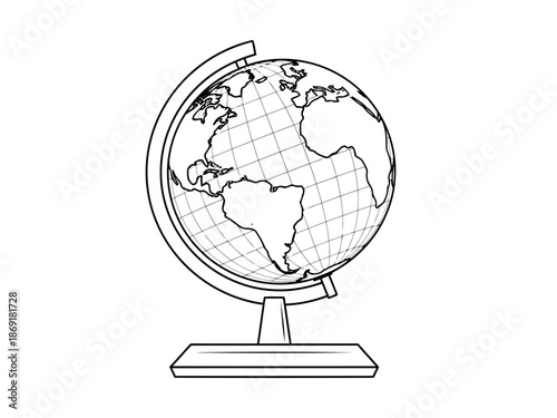 A black and white line drawing of a globe on a stand