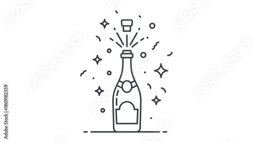 A black line drawing of a champagne bottle being opened with confetti and sparkles around it celebrating a festive occasion with celebration