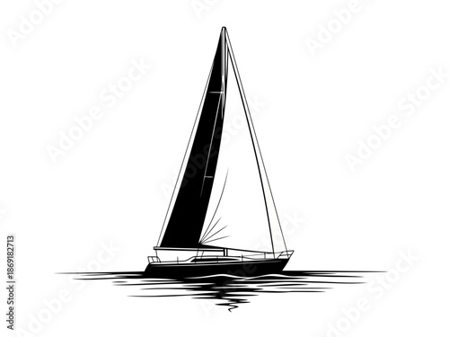 A black and white illustration of a sailboat on calm waters with a single mast