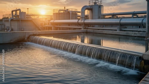 Wallpaper Mural Industrial water treatment facility at sunset with flowing water and pipes for environmental technology Torontodigital.ca