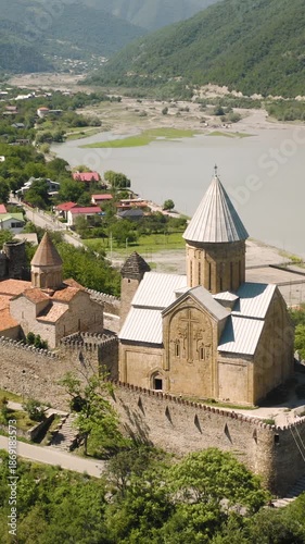Aerial view of Ananuri Fortress Complex in Georgia. Vertical video
