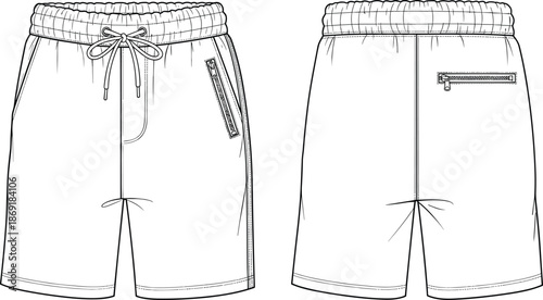 Men, casual, shorts, technical, fashion, sketch, front, back, view, elastic, waistband, drawstring, zipper, pocket, sportswear, apparel, design, cad, flat, vector