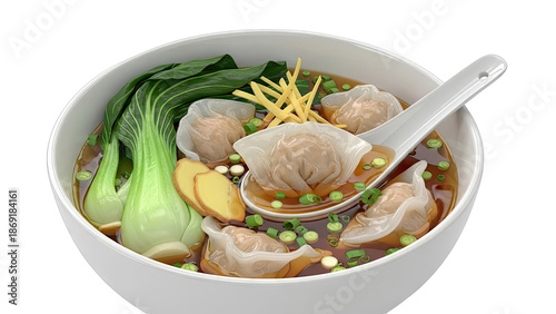 Bowl of Wonton Soup with Bok Choy and Ginger