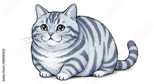 Adorable chubby tabby cat illustration with big eyes.