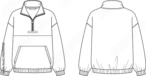Pullover jacket technical sketch, half zip front, kangaroo pocket, high collar, CAD drawing, flat vector illustration, fashion design