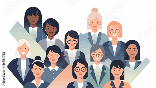 A diverse group of women in professional roles standing together in a modern office environment with a cityscape background.