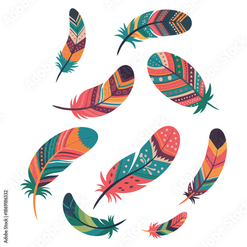 Vector illustration of colorful fluffy feather plume of bird set ideal for artistic decoration craft design natural and creative themed visuals