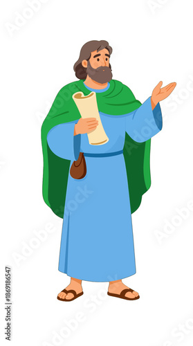 Bearded man in green and blue robes holding a scroll