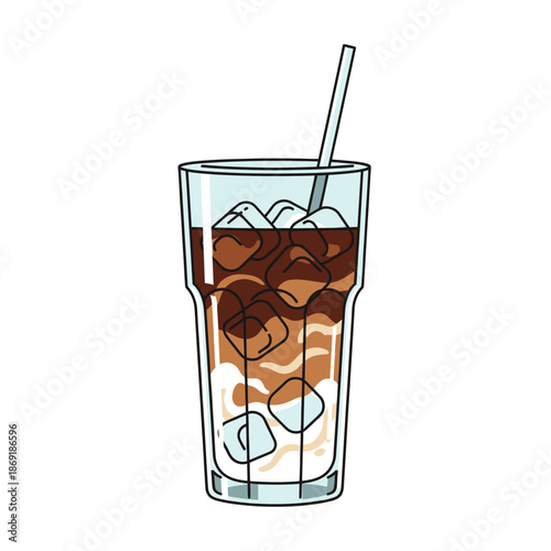 Refreshing iced coffee with milk and ice cubes in a tall glass with straw