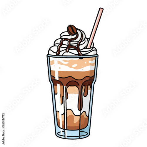 Iced Coffee Drink with Whipped Cream, Chocolate Syrup and Coffee Bean