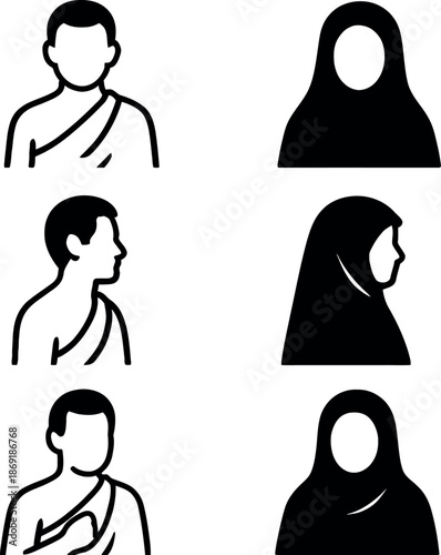 Hajj and Umrah Pilgrimage Clothing Icons Set Ihram and Hijab