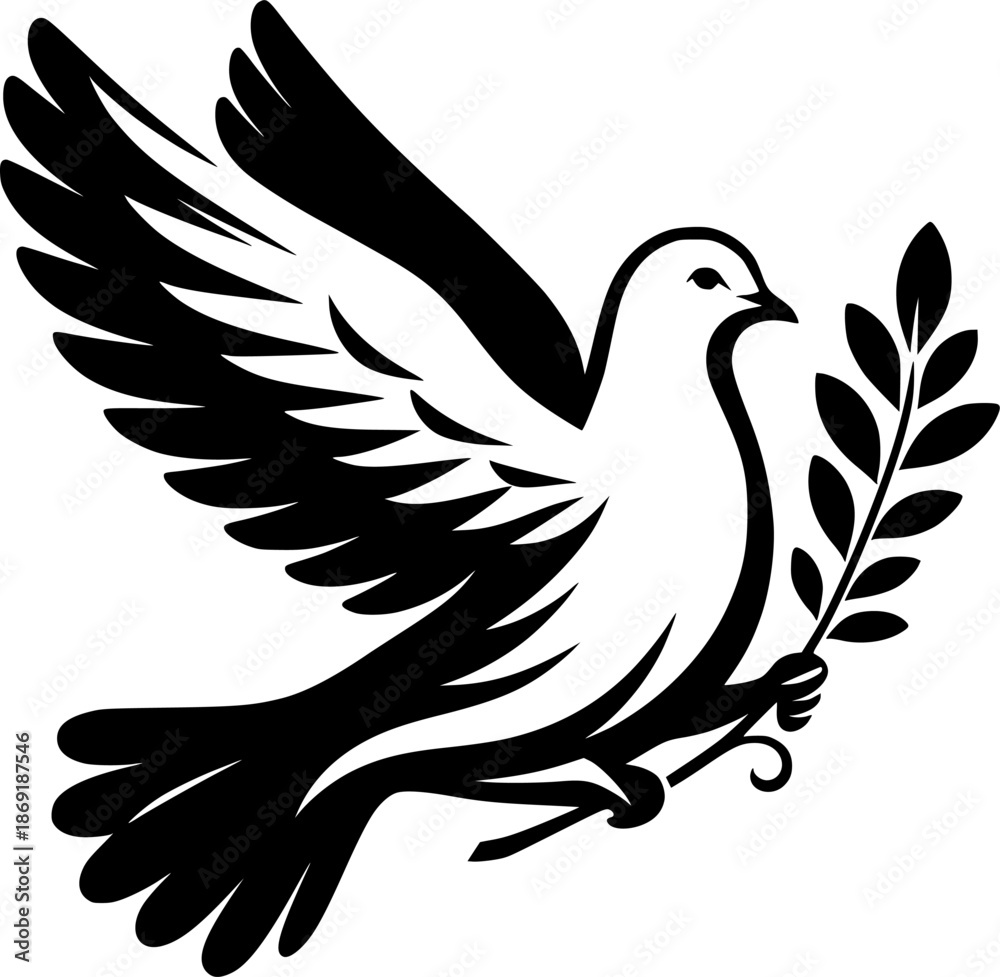 Fototapeta premium Black and white stencil illustration of a flying dove carrying an olive branch. Design for peace day posters, wedding invitations, or religious logo branding. Transparent background EPS version.