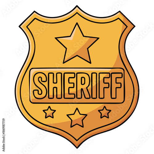 Vector illustration of flat police golden badge with stars and sheriff engraving ideal for policeman emblem security and law enforcement related design artwork