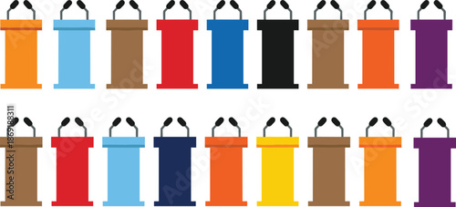 Colorful podium lectern set with microphones for speeches, debates, conferences, and political events, isolated flat vector illustration collection