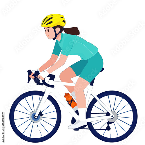 Cyclist in yellow helmet riding a white bicycle.