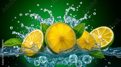 Fresh Lemon Citrus Splash with Water Drops and Green Leaves