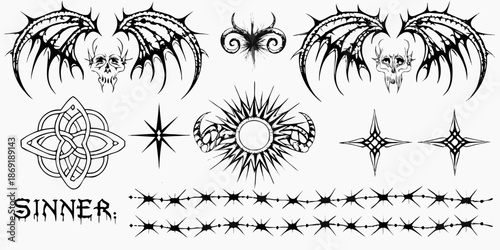 Intricate black and white designs featuring skulls wings and gothic symbols