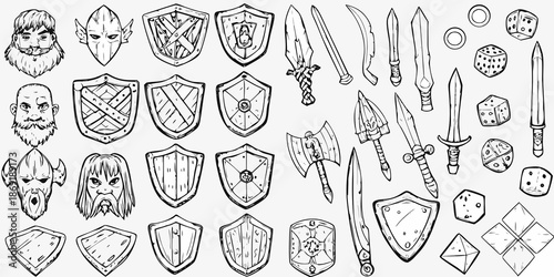 Vintage style illustration of fantasy weapons shields and character heads