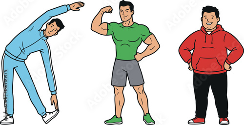 Male body types illustration set featuring an ectomorph stretching, a mesomorph flexing muscles, and an endomorph standing, representing different somatotypes, vector isolated.