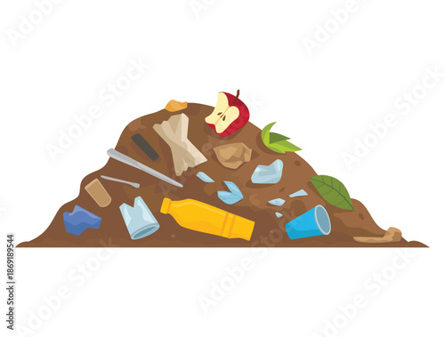Vector illustration of landfill unsorted garbage pile flat style isolated on white background ideal for environmental awareness pollution recycling or waste themed creative design