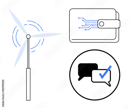 Wind turbine generating energy, digital wallet with tech circuit element, and chat bubbles with a checkmark. Ideal for sustainability, finance, communication, technology, renewable energy