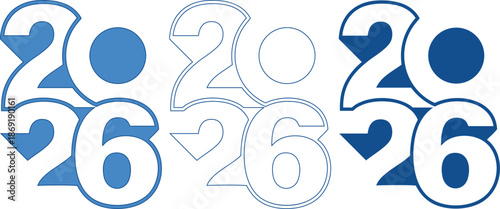 Blue and white 2026 numbers with different designs and outline styles on transparent background