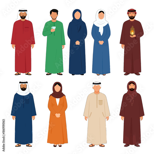 Group of people in traditional Middle Eastern clothing