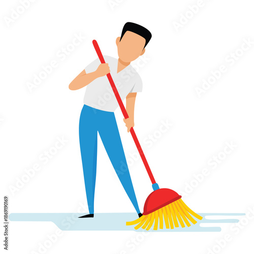 Vector illustration of male professional cleaner mopping floor dressed in uniform with equipment suitable for housekeeping cleaning company service and staff visuals